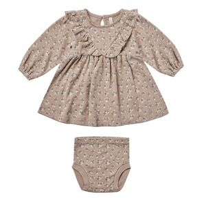 Baby Girl Quincy Mae  Long Sleeve Ruffle V Dress - Truffle Floral. Size: 12-18m